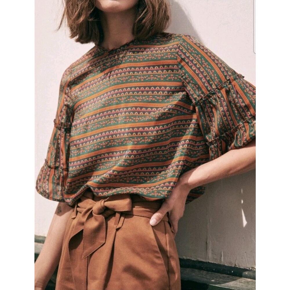 Sezane Ethel Blouse Havana Green Orange Stripes Silk Top Size 38 US Medium